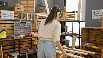 Radiant young hispanic woman carpenter savours the sweet sound of woodworking, adorned in...