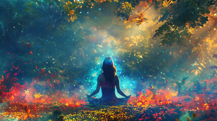 Colorful image of charming fantasy woman meditating 