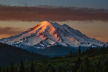 Snow-capped Mount Hood, Oregon's tallest peak, rises majestically above a winter wonderland of forest and mountain