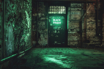 Green glowing black friday text on a wall for background - obrazy, fototapety, plakaty