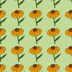 Seamless pattern with fantastic yellow flowers on light green background. Vector image.