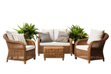 Serenity Unveiled: Elegant Wicker Furniture Set With Plush Cushions. On a White or Clear Surface PNG Transparent Background.