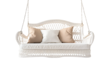 Ethereal White Wicker Swing Bed Suspended Gracefully. On a White or Clear Surface PNG Transparent Background.