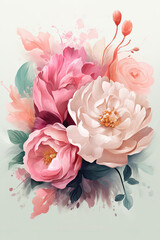 Bouquet of Pink Peony Flowers on a White Background. Abstract Watercolor Vector Illustration for Wedding Banners, Posters, and Postcards