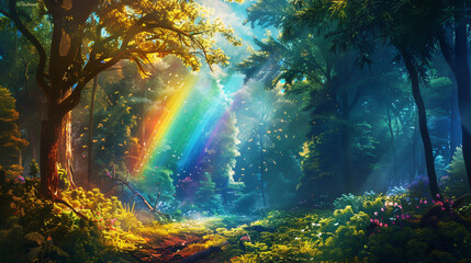Colorful rnbow in magical fantasy fry tale forest