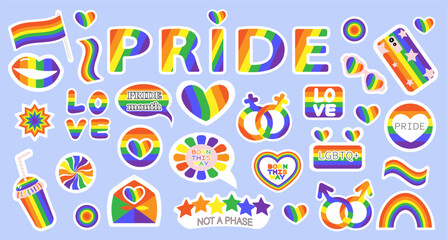 Rainbow.Set of stickers. Bright vector illustration. Symbols, Gay pride LGBT flag.