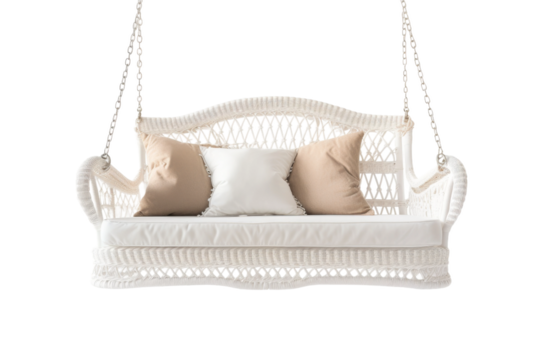 Ethereal White Wicker Swing Bed Suspended Gracefully. On a White or Clear Surface PNG Transparent Background.