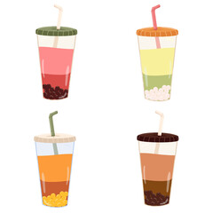 Bubble tea vector set. Collection bubble tea drinks in plastic glass. Boba drink with tapioca, modern taiwanese pearl dessert balls in liquid. Hand drawn style. Sticker design.