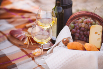 Autumn picnic by the sea with wine, grapes, bread and cheese