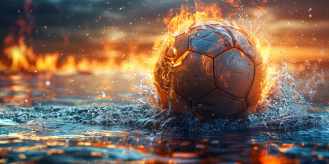 Soccer ball on fire burning fiercely while floating in water banner