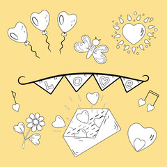 Love set. Cartoon illustrations with heart elements. Black and white on yellow background