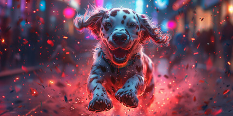 A dalmatian dog is energetically jumping in the air banner