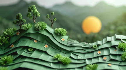 Poster Paper landscape with trees, mountains and sun made of paper, paper art. © puhimec