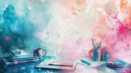 Student Desk with Coffee Cup, Tea Mug, Paintbrush, Book, Paper, Canvas, Drawing Palette, and Oil Painting Elements in Abstract Watercolor Style Back to School Background