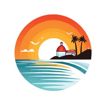 Summertime fun concept design. Creative logo of summer, panorama of sea and beach. Summer sale, post template