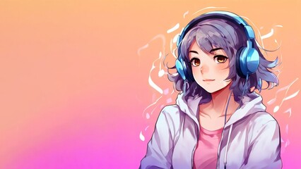 Anime girl with headset listening to music, colorful background - anime character, music enjoyment