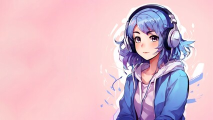 Anime girl with headset listening to music, colorful background - anime character, music enjoyment