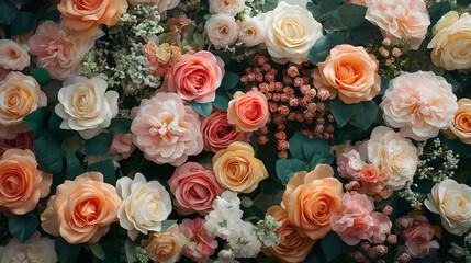 Close up, many flowers, many colors and various types wall background for wedding decoration and presentation.