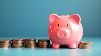 Shiny Pink Piggy Bank Surrounded by Coin Stacks on Light Blue Surface