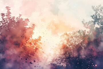 Fog in Forest with Tree Branches, Misty Morning, and Sunset or Sunrise Sky, Abstract Watercolor Landscape Background