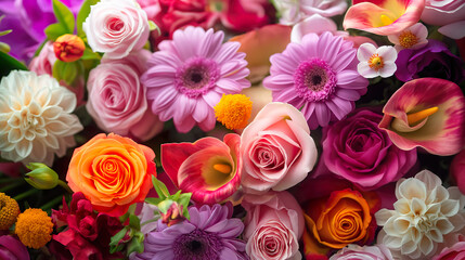 Close up, many flowers, many colors and various types wall background for wedding decoration and presentation.