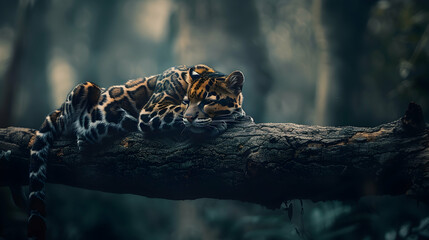 A clouded leopard resting on a tree branch, shot with a shallow depth of field to focus sharply on its cloud-patterned fur, set against a blurred jungle background with copy space