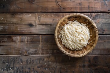 Fresh Udon Noodles in Basket, Textured Wood Backdrop