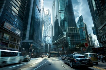 Futuristic Cityscape with Busy Traffic at Dusk