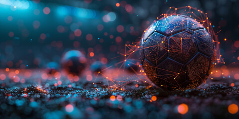 A soccer ball sits on the ground, surrounded by a blurred background banner