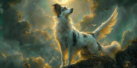 A painting of a border collie with wings standing on a rock banner copy space