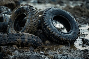 Fototapeta na wymiar Detail of Dirty Tires in Wild Mud Terrain