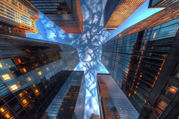 Upward Perspective of Sleek Highrise Buildings in City - obrazy, fototapety, plakaty
