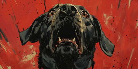 Painting of a black Labrador dog with its mouth open in a retro comic book style banner copy space