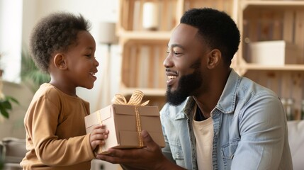 Cheerful young african american dad giving gift box to little son at home. Father's day celebration concept - obrazy, fototapety, plakaty