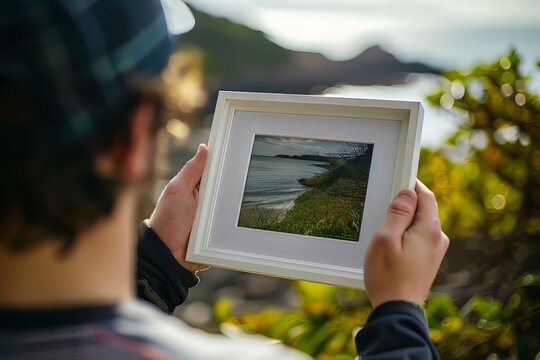 Over-The-Shoulder View of Person With Picture Frame Outdoors