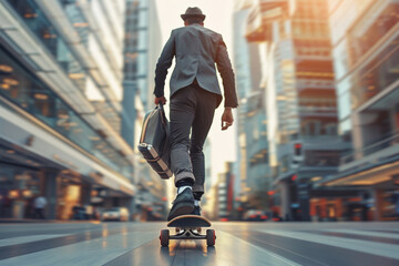 Executive business man with document bag riding skateboard in financial modern downtown district. Rush hour getting to work office