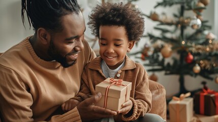 Cheerful young african american dad giving gift box to little son at home. Father's day celebration concept - obrazy, fototapety, plakaty
