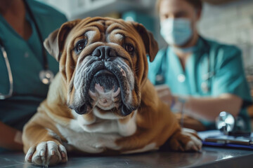 Bulldog at veterinary clinic with veterinarian. Animals pet dog vet health care medical examination diagnosis, vaccination, deworm