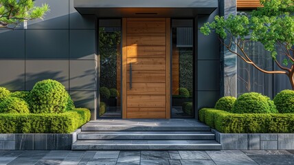 Aesthetic harmony detailed examination of wooden door with frame and glass facade granite step threshold near asphalt sidewalk close up green bushes
 - obrazy, fototapety, plakaty