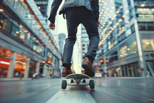 Executive business man riding skateboard in financial modern downtown district. Rush hour getting to work office