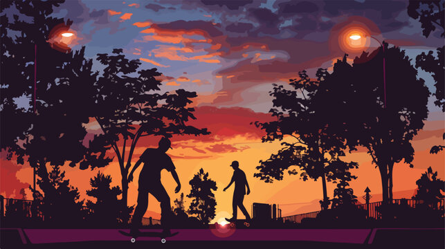 Skater silhouettes on park at beautiful sunset vector