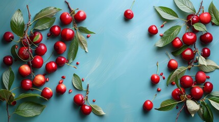   A collection of cherries atop a blue backdrop; berries and leaves intermixed, some above and others below