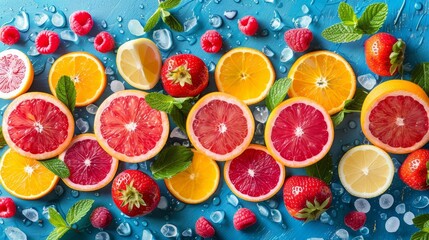  strawberries, raspberries, lemons, and oranges Water droplets and mint leaves accompany them