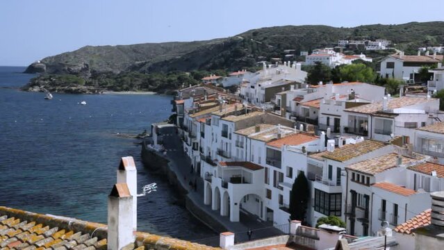 Roofs of Cadaqués with clay tiles and typical chimneys. Costa Brava. Alt Empordar, Catalonia, Spain