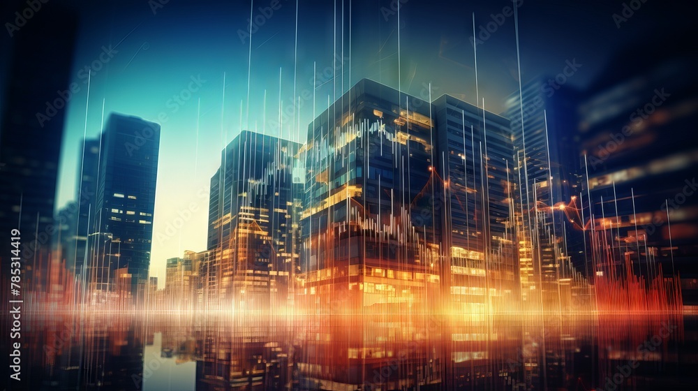 Poster dynamic financial visualization: abstract virtual graph hologram against modern office backdrop, for