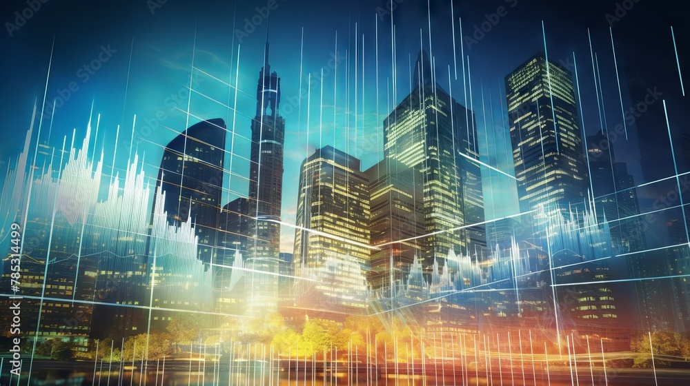 Poster dynamic financial visualization: abstract virtual graph hologram against modern office backdrop, for