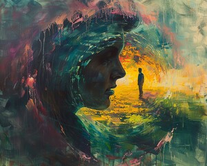 Capture a timetravel romance scene from a worms-eye view, blending surrealism with unexpected camera angles in a mesmerizing oil painting