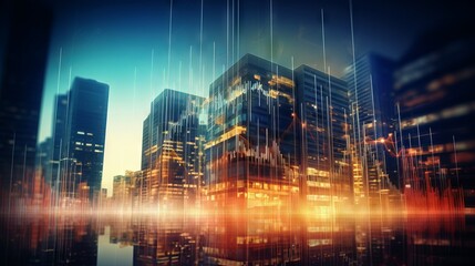Dynamic financial visualization: abstract virtual graph hologram against modern office backdrop, forex and investment theme

