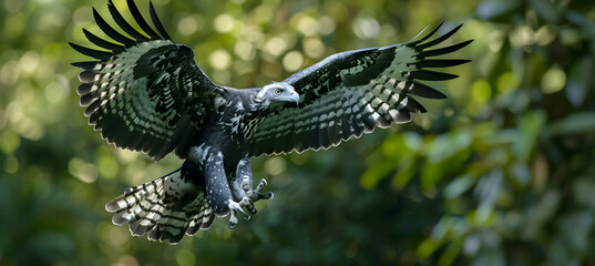 A harpy eagle soaring through the rainforest canopy, photographed with a high shutter speed to freeze its majestic flight, set against a lush green background with copy space