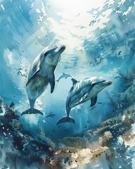Craft a serene scene of graceful swimming dolphins in watercolor, showcasing their elegance from below in a virtual reality setting, offering viewers an unexpected perspective on marine animal behavio